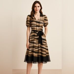 DKNY Women’s Black Multicolor Belted V-Neck Midi Dress